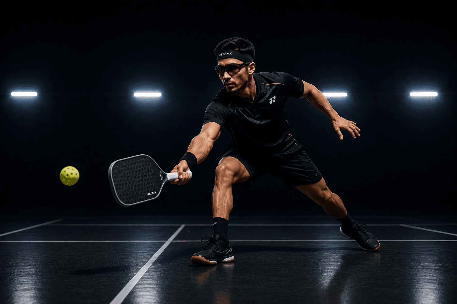 Pickleball athlete reaching for a volley in a dark arena, wearing Netrax glasses