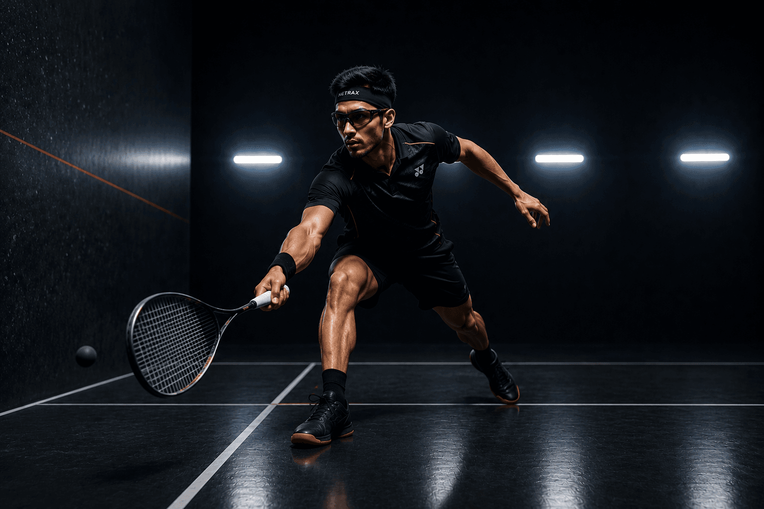 Squash athlete lunging on a dark court, wearing Netrax glasses