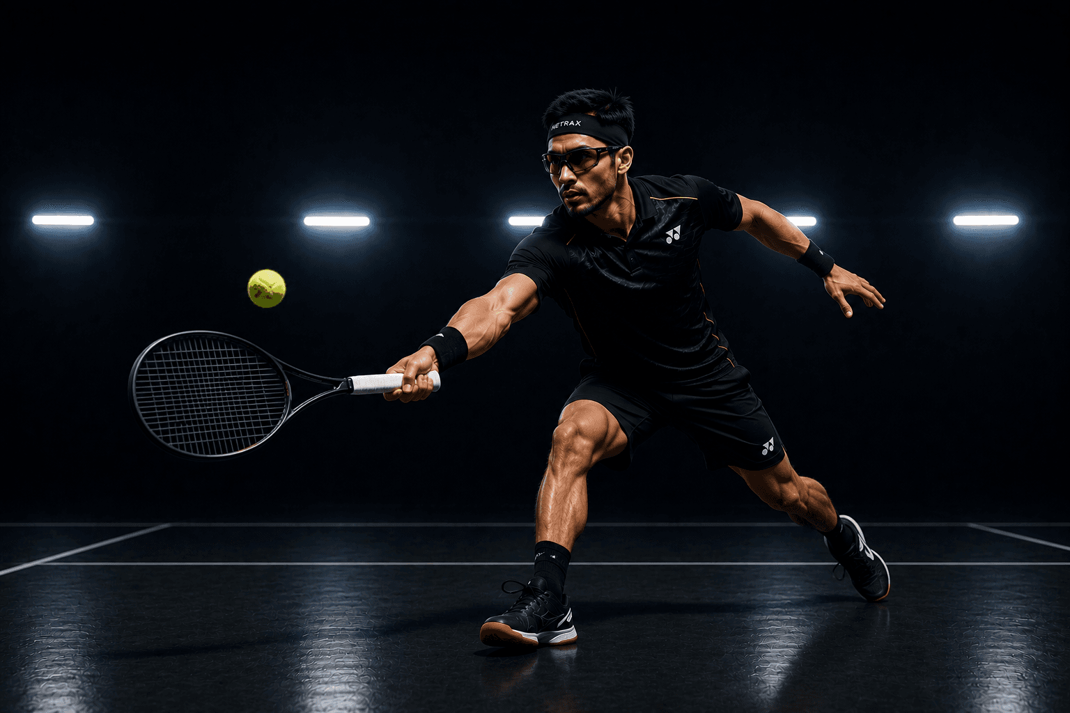 Tennis athlete striking a backhand in a dark arena, wearing Netrax glasses