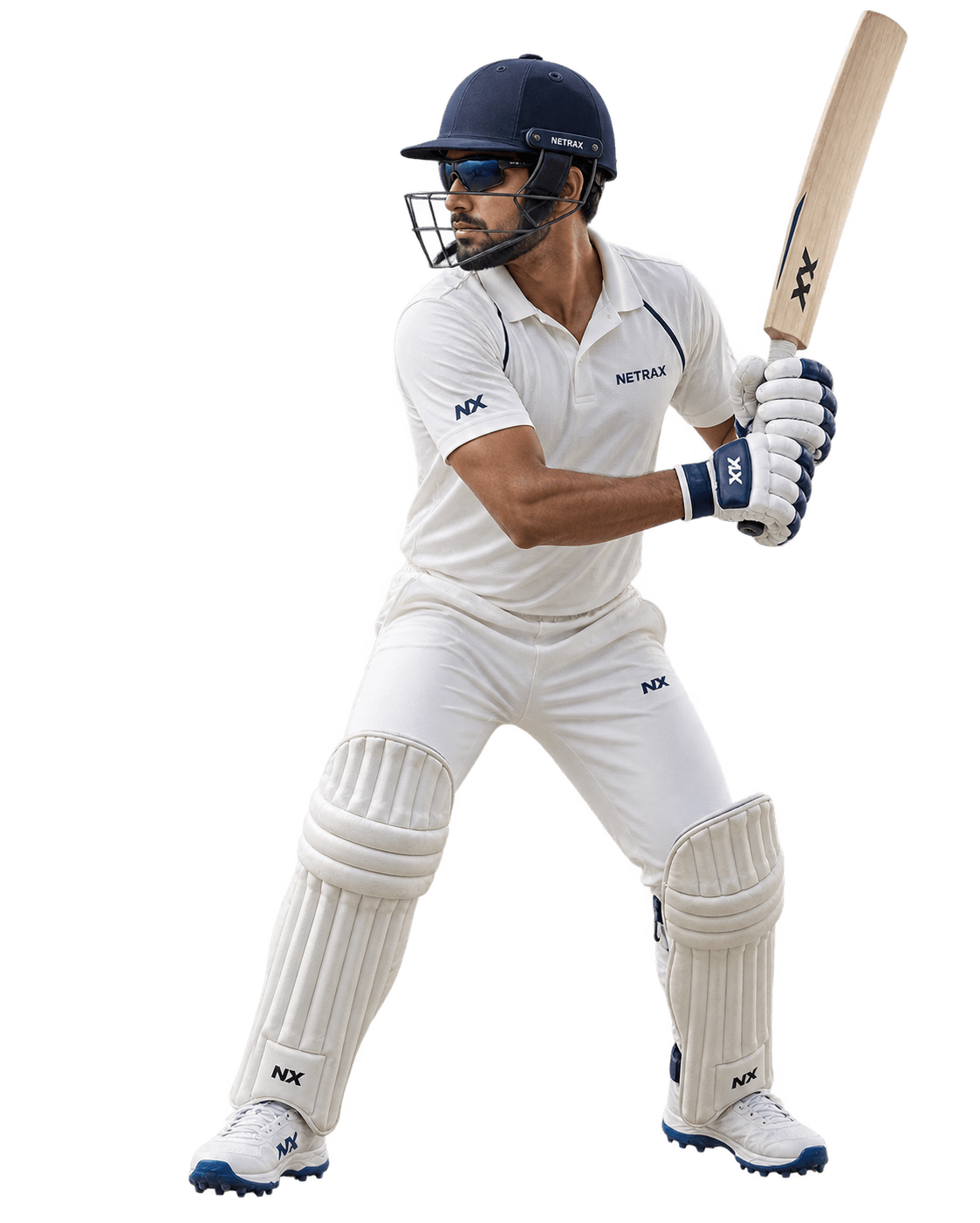 Cricketer in batting stance wearing Netrax performance glasses